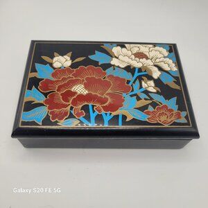 Vintage Japanese Style Hand Painted Flowers Black Plastic Jewelry Box